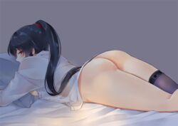 1girls ass asymmetrical_legwear bed bed_sheet black_hair blush bottomless breasts eyebrows_visible_through_hair female grey_background ichinomiya_(blantte) kantai_collection legwear long_hair long_sleeves looking_at_viewer looking_to_the_side lying medium_breasts nopan on_bed on_stomach ponytail purple_legwear red_eyes scrunchie shirt simple_background single_thighhigh solo tagme thighhighs tied_hair white_shirt yahagi_(kantai_collection)