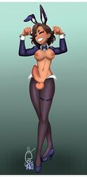 1futa areolae balls bowtie breasts brown_hair bunny_ears bunnysuit clothed clothing collar dark-skinned_futanari dark_skin erection eroyaki eyes_closed flexing full_body futa_only futanari high_heels human mostly_nude pantyhose penis reverse_bunnysuit smile solo standing