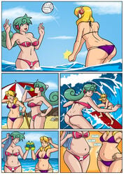 2girls alia ass ass_cleavage axel-rosered beach belly_expansion bikini bloated blonde_hair blue_eyes butt_crack cleavage clothing comic comic_page female female_only gassy green_hair long_hair marino mega_man mega_man_x navel soda surfboard surfing volleyball