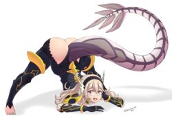 1girls arm_rest armor ass ass_up bangs bare_thighs barefoot black_panties corrin_(female)_(nohr_noble)_(fire_emblem) corrin_(fire_emblem) corrin_(fire_emblem)_(female) dragon_girl dragon_horns dragon_tail face_down_ass_up fire_emblem fire_emblem_fates flexible full_body gloves hair_between_eyes hairband horns inner_thighs jack-o_pose jarckius large_ass long_hair looking_at_viewer manakete meme nintendo open_mouth panties pointy_ears pose red_eyes silver_hair simple_background smile solo spread_legs tail top-down_bottom-up white_background white_hair wide_spread_legs