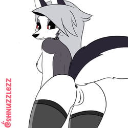 1:1 2021 absurd_res anthro anus breasts canid clothing collar female genitals grey_hair hair helluva_boss hi_res legwear looking_at_viewer loona_(helluva_boss) mammal nipples pussy red_sclera shnuzzlez simple_background smile solo stockings white_background