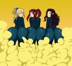 3girls ass big_ass blonde_hair bodysuit brown_hair bubble_butt cana_alberona erza_scarlet fairy_tail fart fart_cloud female_only huge_ass jiggle_butt_gang lolotron6 looking_at_viewer lucy_heartfilia multiple_girls red_hair skintight smile spandex