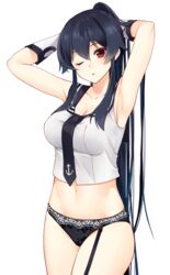 anchor_symbol armpits arms_behind_head arms_up bangs black_hair black_neckwear black_panties black_sailor_collar black_underwear breasts clavicle cleavage cowboy_shot elbow_gloves eyebrows_visible_through_hair female female garter_straps gloves ichinomiya_(blantte) kantai_collection large_breasts lingerie long_hair looking_at_viewer navel necktie pantsu ponytail red_eyes sailor_collar shirt sidelocks simple_background sleeveless sleeveless_shirt solo standing tagme tareme thighs tied_hair underwear very_long_hair white_background white_gloves white_shirt yahagi_(kantai_collection)