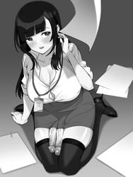 1futa absurdres badge bangs big_breasts big_penis black_hair black_legwear blush breasts button_gap cleavage clothed clothing commentary diagonal_bangs diphallia diphallism dress_shirt futa_only futanari gomu_(artist) gomu_(ujmu5458) greyscale highres human lanyard large_breasts long_hair monochrome mostly_clothed multi_penis office_lady original paper partially_unbuttoned pencil_skirt penis shirt sitting skirt solo thighhighs uncensored yamada_miyu_(gomu) zettai_ryouiki