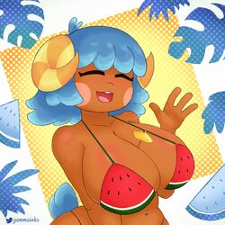 2021 animal_crossing anthro big_breasts bikini blue_hair blush closed_eyes freckles furry gammainks nintendo sheep sheep_horns tan_skin wendy_(animal_crossing) wide_hips