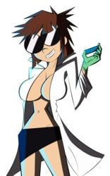 1girls aged_up bangs big_breasts breasts brown_hair busty eyewear female female_only gloves grin hips holding_object huge_breasts lab_coat labcoat large_breasts lisa_loud medical_gloves midriff navel older scientist skirt small_waist solo solo_female solo_focus sunglasses the_loud_house thighs thin_waist