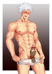 1boy ban_(nanatsu_no_taizai) bar_censor censored disembodied_hand male male_nipples male_only masturbation muscular_male nanatsu_no_taizai nude_male solo_male the_seven_deadly_sins