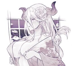 areolae bare_shoulders breasts collarbone female flower granblue_fantasy hair_between_breasts hair_flower hair_ornament hatching_(texture) highres horns izmir izmir_(granblue_fantasy) japanese_clothes kimono koza_game large_breasts long_hair nipples pointy_ears solo sweat water_drop window yukata