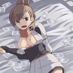 breasts breasts_out brown_eyes brown_hair character_request erect_nipples female japanese_clothes money nanatsu_no_miya nipple no_bra open_mouth scarf short_hair solo summon_night