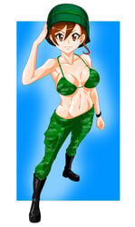 1girls big_breasts bikini boots breasts camo_print camouflage_bikini camouflage_pants dars7 female female_only gate_-_jieitai_ka_no_chi_nite_kaku_tatakaeri helmet human kuribayashi_shino looking_at_viewer salute solo