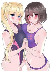 2futas big_breasts blonde_hair blue_eyes blush breast_press breasts brown_hair cleavage clothed clothing erection frottage futa_on_futa futa_only futanari horny human inarimochi light-skinned_futanari light_skin looking_at_viewer magenta_eyes mostly_nude pale_skin partially_clothed penis standing swimsuit tagme twintails