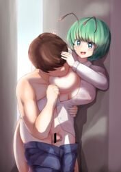 1boy adda antennae areolae bangs bar_censor blue_shorts blush breast_sucking breasts censored clothed_female_nude_male clothes_pull collared_shirt commentary_request covered_nipples eyebrows_visible_through_hair feet_out_of_frame female green_eyes green_hair grinding highres large_areolae large_breasts looking_at_another no_bra no_panties nude open_mouth penis pussy shirt short_hair shorts shorts_pull straight thigh_sex touhou white_shirt wriggle_nightbug