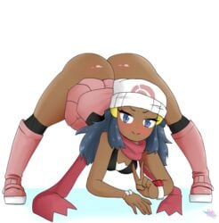 1girls alternate_skin_color ass ass_up big_ass blue_eyes blue_hair bottomless breasts dark-skinned_female dawn_(pokemon) eye_contact jack-o_pose long_hair looking_at_viewer nintendo no_panties peace_sign pokemon pokemon_bdsp pokemon_dppt protoscene scarf solo thick_thighs thighs top-down_bottom-up white_background