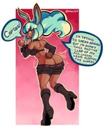 agent_spect-hare ass barely_clothed blue_hair blush boots bunny bunny_ears bunny_girl bunny_mint fat_ass level-5 looking_at_viewer mogy64 pants pink_eyes yo-kai(species) yo-kai_watch yo-kai_watch_3 youkai youkai_watch yōkai