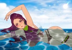 1girls alternate_costume armpits bare_legs bikini braid brown_eyes cleavage cryptid_crab earrings fire_emblem fire_emblem:_three_houses frown large_breasts long_hair nintendo ocean petra_macneary ponytail post-timeskip purple_bikini purple_hair purple_swimsuit solo swimsuit thick_thighs water wet wide_hips