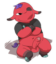 2021 animal_crossing anthro balls clothing cyd_(animal_crossing) elephant elephantid erection genitals humanoid_genitalia humanoid_penis kemono male male_only mammal navel nintendo penis proboscidean red_body shirt simple_background sitting slightly_chubby solo tekimi topwear video_games white_background