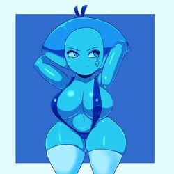 aquamarine_(steven_universe) blue_background blue_body blue_eyes blue_hair blue_skin bow cartoon_network female iggy-bomb large_breasts short_hair shortstack sling_bikini steven_universe thighhighs wide_hips