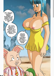 1boy 1boy1girl 1girls areola_slip areolae blue_hair busty comic dragon_ball english_text female lipstick male maron nipple_slip nipples nipples_outside nipples_visible_through_clothing oolong super_melons