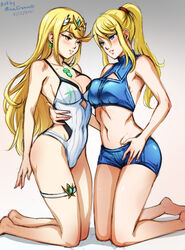 2girls arm_around_waist asymmetrical_docking bare_legs bare_midriff blonde_hair blonde_ponytail blue_eyes breast_press cleavage earrings kneeling long_blonde_hair long_hair medium_breasts metroid minacream multiple_girls mythra nintendo one-piece_swimsuit ponytail samus_aran smile super_smash_bros. swimsuit white_swimsuit xenoblade_(series) xenoblade_chronicles_2 yellow_eyes yuri