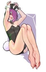 1boy 2n5 armpit arms_up balls_in_leotard bare_shoulders barefoot black_leotard bulge bunny_boy bunny_costume bunny_ears bunny_tail bunnysuit covered_nipples crossdressing feet feet_together femboy foot_focus girly hair_over_one_eye hairclip legs legs_together legs_up leotard looking_at_viewer male male_focus male_only no_shoes open_mouth original penis_in_leotard playboy_bunny purple_hair short_hair simple_background sitting soles solo solo_focus solo_male toes trap white_wrist_cuffs wrist_cuffs