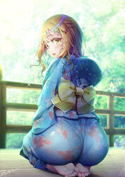 1boy 2021 artist_name ass barefoot big_ass blonde_hair blue_kimono blush bow clothed clothing crossdressing eyebrows_visible_through_hair fan feet femboy full_body hair_ornament hairclip hand_fan highres huge_ass kimono kneeling long_hair looking_at_viewer looking_back male male_only matching_hair/eyes natsusora_wakana nobady open_mouth original outdoors pantylines paper_fan ribbon seiza signature sitting smile soles solo sparkle star star_hair_ornament sunlight toes tongue trap tree uchiwa yellow_eyes yukata