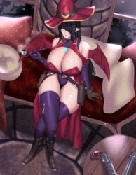 1girls aliessa_phaire black_hair boots breasts cero_rains cleavage commission commissioner_insert demon_girl female female_only giant_breasts grin gun holster huge_breasts leather moon_symbol panties pipe pointy_ears solo solo_female succubus thunder_thighs wide_hips witch witch_hat yellow_eyes