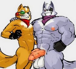 abs anthro ball_size_difference balls big_balls big_muscles big_penis canid canine canis comparing comparing_penis duo fox fox_mccloud frottage fur genitals grey_body grey_fur humanoid_genitalia humanoid_penis male male/male male_only mammal muscular muscular_anthro muscular_male nintendo nipples orange_body orange_fur pecs penis penis_size_difference red_eyes sex star_fox tora_gy vein veiny_penis video_games wolf wolf_o'donnell