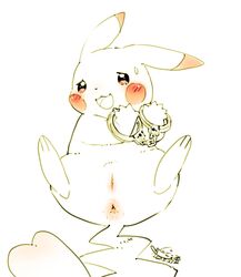 <3_eyes anus ass blush cleft_tail cotora female feral genitals handcuffed handcuffs heart hi_res looking_at_viewer nintendo open_mouth pikachu pokémon_(species) pokemon pussy shackles signature simple_background sitting smile solo spread_legs spreading tongue video_games white_background