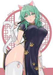 1girls akn_646 alternate_costume bare_thighs byleth_(fire_emblem) byleth_(fire_emblem)_(female) cat_ears cat_tail catgirl fire_emblem fire_emblem:_three_houses green_eyes green_hair large_breasts looking_at_viewer medium_hair nintendo pelvic_curtain shimizu_akina solo thighhighs