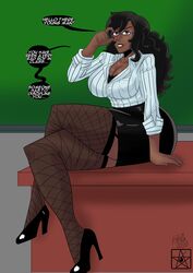 1girls big_ass big_breasts big_butt curly_hair curvy dark-skinned_female dark_skin english_text estella_comics female female_focus female_only female_solo fishnets galilea_vazquez glasses high_heels looking_at_viewer mannyestella mrestella neckline oc original original_character skirt solo_female speech_bubble talking_to_viewer teacher teacher_outfit text text_bubble thick_thighs tight_clothing tights