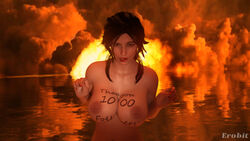 1girls 3d big_breasts biting_lip bodypaint brown_hair erobit eye_contact female fire hands_up lara_croft lara_croft_(survivor) naked nipples nude tagme tomb_raider water