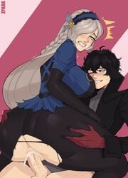 1boy 1girls aged_up akira_kurusu ass_grab beauty_mark big_ass blush bottomless bottomless_male bubble_ass bubble_butt clenched_teeth clothed clothing cowgirl_position cum cum_in_pussy human joker_(persona) large_breasts lavenza pale_skin penetration persona persona_5 phantom_thief_suit ren_amamiya size_difference taller_girl torn_clothes wink zpark