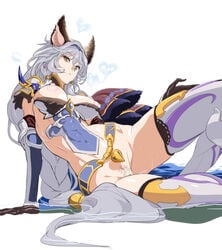 animal_ears blue_hair breasts cleavage earrings erune eyelashes female female_pubic_hair gloves granblue_fantasy heart heles jewelry large_breasts long_eyelashes long_hair looking_at_viewer nipples ponytail pubic_hair puffy_nipples pussy revision shino_(comic_penguin_club) shiny shiny_skin sitting solo sweat thighhighs toned very_long_hair yellow_eyes