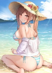 amber_eyes ass back bangs bare_shoulders barefoot beach bikini blue_bikini blush breasts brown_eyes brown_hair day drawstring eyebrows_visible_through_hair female flower from_behind grin halter_top halterneck hat hat_flower highres jacket large_breasts long_hair looking_at_viewer looking_back medium_breasts monaka_curl ocean off_shoulder open_clothes open_jacket orange_eyes original outdoors ponytail sand side-tie_bikini sidelocks sitting sky smile solo straw_hat string_bikini striped striped_bikini sun_hat swimsuit swimsuit_under_clothes twintails wariza water wet white_jacket