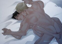 2boys ass attack_on_titan bare_ass barefoot blonde_hair completely_nude erwin_smith feet gay holding_hands legs_around_partner levi levi_ackerman lying_down lying_on_back main_merry male male/male male_only male_penetrated
male_penetrating male_penetrating_male missionary missionary_position no_underwear no_visible_genitalia nude
nude shingeki_no_kyojin tagme yaoi