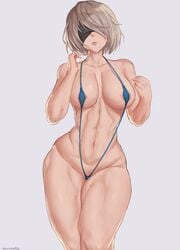1girls abs big_breasts bikini blindfold breasts cutesexyrobutts_(style) female nier nier:_automata nier_(series) savagexthicc short_hair solo standing thick_thighs thighs white_background white_hair yorha_2b