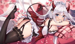 ass bangs blue_eyes breasts commentary demon_horns demon_tail demon_wings eyebrows_visible_through_hair female flower highres horns large_breasts long_hair lying no_shoes on_stomach petticoat pink_flower silver_hair solo squchan succubus tail thighs veibae virtual_youtuber vshojo wings