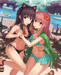 2girls :p animal_ears bangs bell bell_choker bikini black_bikini black_choker black_hair black_neckwear black_swimsuit blue_bikini blush box breasts brown_eyes brown_hair cat_tail chair choker cleavage closed_mouth cup day drink drinking_glass eyebrows_visible_through_hair female flower food front-tie_bikini front-tie_top green_jacket hair_between_eyes hair_flower hair_ornament hand_on_another's_hip holding holding_box holding_hands jacket jacket_on_shoulders koe_no_katachi long_hair looking_at_viewer medium_breasts mouth_hold multiple_girls navel nekomimi nishimiya_shouko npcpepper outdoors pocky purple_eyes sand sandals sarong shadow side-tie_bikini sidelocks standing standing_on_one_leg stomach swimsuit table tagme tail take_your_pick tongue tongue_out tree ueno_naoka water