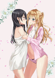 2girls aihara_mei aihara_yuzu bare_shoulders black_hair blonde_hair blush breasts citrus_(saburouta) embracing female fujisaki_ribbon green_eyes high_resolution hug large_breasts long_hair looking_at_another medium_breasts multiple_girls navel pantsu parted_lips pink_panties purple_eyes sideboob tears underwear very_high_resolution yuri