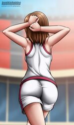 1girls 2020 2020s arms_behind_head ass backboob breasts brown_hair bubble_butt dat_ass female female_only from_behind gym_uniform hi_res kushishekku large_ass medium_breasts misaka_mikoto short_hair shorts sleeveless_shirt solo teenage_girl teenager to_aru_kagaku_no_railgun to_aru_majutsu_no_index tokiwadai_school_gym_uniform walking wide_hips young