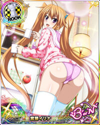 bare_shoulders blush breast_hold breasts card_(medium) character_name cleavage female high_school_dxd large_breasts long_hair looking_at_viewer official_art orange_hair purple_eyes shidou_irina solo trading_card twintails very_long_hair