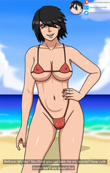 1girls beach bellona_(smite) bikini black_hair bra breasts cameltoe deity dialogue english_text erect_nipples erection_under_clothes goddess large_breasts looking_at_viewer micro_bikini navel nipple_bulge ocean panties pokies roman_mythology sea seaside short_hair smile smite solo summer theobscureone thong tomboy