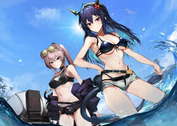 3girls absurdres animal_ears arknights bikini bird black_bikini blue_hair blue_sky blush breasts ch'en_(arknights) ch'en_the_holungday_(arknights) cowboy_shot dragon_girl dragon_horns dragon_tail dutch_angle eyewear_on_head flower hair_between_eyes hair_flower hair_ornament hand_on_hip highres horns jacket lancet-2_(arknights) large_breasts lin_yuhsia_(arknights) long_hair looking_at_viewer micro_shorts molyb mouse_ears multiple_girls navel off_shoulder outdoors palm_tree pink_eyes pink_hair ponytail purple_jacket red_eyes red_flower robot shorts sky smile stomach sun sunglasses swimsuit tagme tail tree wading water waves white_shorts