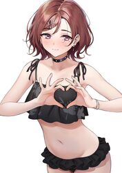 ameyame bangs bare_shoulders bikini black_bikini blush breasts brown_hair choker collar collarbone cowboy_shot earrings female heart heart_hands highres higuchi_madoka idolmaster idolmaster_shiny_colors jewelry leaf_print looking_at_viewer medium_breasts mole mole_under_eye navel purple_eyes short_hair simple_background smile swept_bangs swimsuit tagme white_background