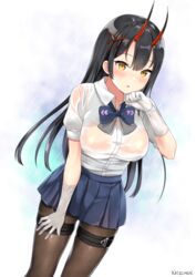 artist_name azur_lane bangs black_hair black_neckwear blue_skirt blush bow bowtie breasts brown_legwear buttons clavicle collared_shirt cowboy_shot female female gloves hair_ornament hand_on_own_thigh hand_on_thigh hand_up high_resolution horns kaetzchen katzchen large_breasts legwear long_hair looking_at_viewer miniskirt no_bra oni_horns pantyhose parted_lips pleated_skirt potential_duplicate school_uniform see-through shirt shirt_tucked_in short_sleeves sidelocks skirt solo standing suzuya_(azur_lane) sweat tagme thigh_strap thighs uniform wet wet_clothes wet_shirt white_gloves white_shirt yellow_eyes