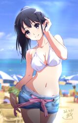 1girls bangs beach beach_chair beach_umbrella bikini black_hair blue_shorts blue_sky blurry blurry_background breasts cleavage closed_mouth clothing cloud cloudy_sky cowboy_shot dated day eyebrows_visible_through_hair female female_focus hair_tucking halterneck hand_in_hair hand_up head_tilt hibike!_euphonium high_resolution kousaka_reina large_breasts long_hair looking_at_viewer medium_breasts navel nii_manabu ocean outdoors polka_dot polka_dot_bikini polka_dot_swimsuit ponytail pulled_by_self purple_eyes ribbon scrunchie short_shorts shorts signature sky smile solo_focus standing summer swimsuit swimsuit_under_clothes tagme tied_hair umbrella white_bikini white_swimsuit wrist_scrunchie