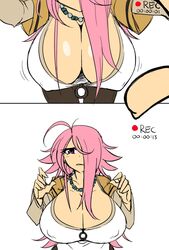 1girls big_breasts cleavage clothed clothing female female_only fully_clothed huge_breasts human long_hair matsu-sensei nipple_bulge pink_hair recording skye_(matsu-sensei) solo tagme