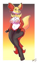 anthro black_body breasts delphox fan_character female fluffy fluffy_tail fur hambor12 hi_res multicolored_body multicolored_fur nintendo nipples open_mouth open_smile pokémon_(species) pokemon red_body red_eyes red_fur smile teeth video_games white_body white_fur yellow_body yellow_fur