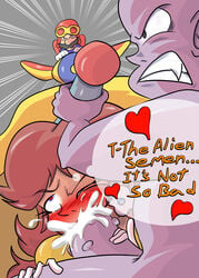 ahe_gao alien artlaccer_(artist) big_penis blue_eyes brown_hair cheek_bulge clothed_female_nude_male cum cum_in_mouth cumming dialogue english_text fellatio forced_oral gloves heart-shaped_pupils interspecies long_hair mario mario_(series) multiple_boys oral oral_sex princess_daisy purple_skin sucking super_mario_land tatanga under_the_table xenophilia