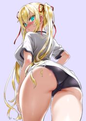 :o aqua_eyes asanagi ass bangs black_buruma blonde_hair blue_eyes blush breasts buruma cameltoe clothed_female clothing colored_eyelashes cowboy_shot enty_reward eyebrows_visible_through_hair female female female_only from_behind gym_shirt gym_uniform hair_ornament hair_ribbon high_resolution large_breasts lilith_bacon long_hair looking_at_viewer looking_back looking_down nose_blush open_mouth original paid_reward panties_under_buruma pantsu panty_peek pink_panties psd_available purple_background red_ribbon ribbon shiny shiny_hair shirt short_sleeves sidelocks simple_background solo sportswear standing tagme thick_thighs thighs tied_hair tsurime twintails underwear uniform very_high_resolution viewed_from_below white_shirt